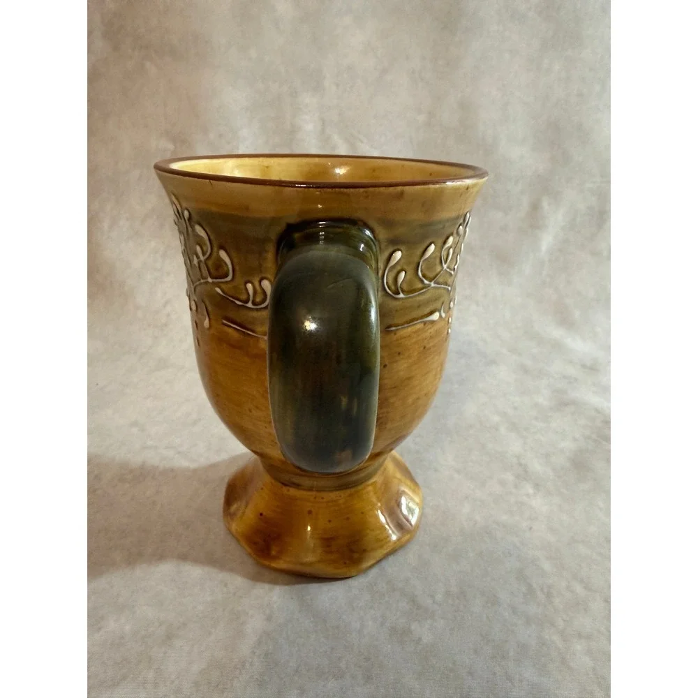 Pier 1 P1 Ceramic Pedestal Mug Brown Glazed Scrollwork‎ Footed Coffee Cup
